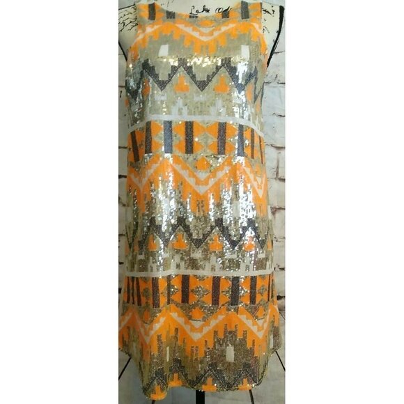 Gianni Bini GB Size Small Silver Orange Sequins Aztec Southwestern  Sheath Dress - Picture 1 of 8